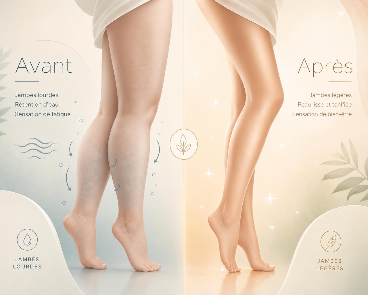Avant/Après pressothérapie : jambes légères et détendues